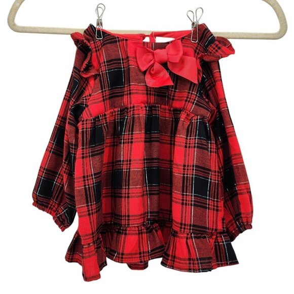 NWT Rare Editions Flannel Plaid Red Black Ruffle Top Girls 24M Months - Picture 1 of 9
